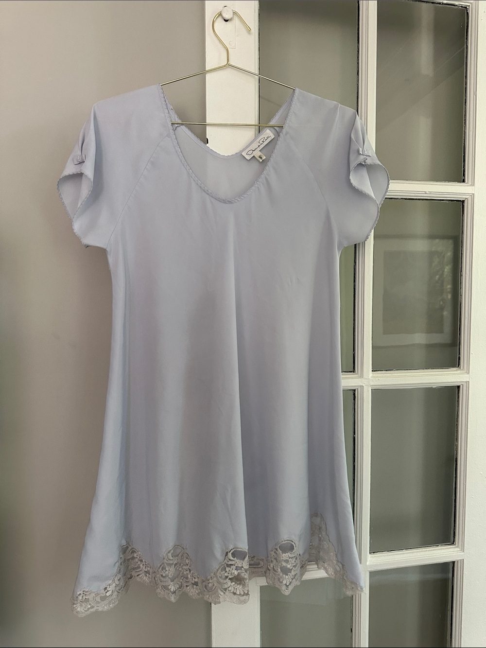 Oscar de la Renta Pale Blue Lace-Trim Mini Dress/Slip